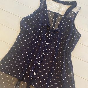 Sheer navy blue polka dot top with lace details